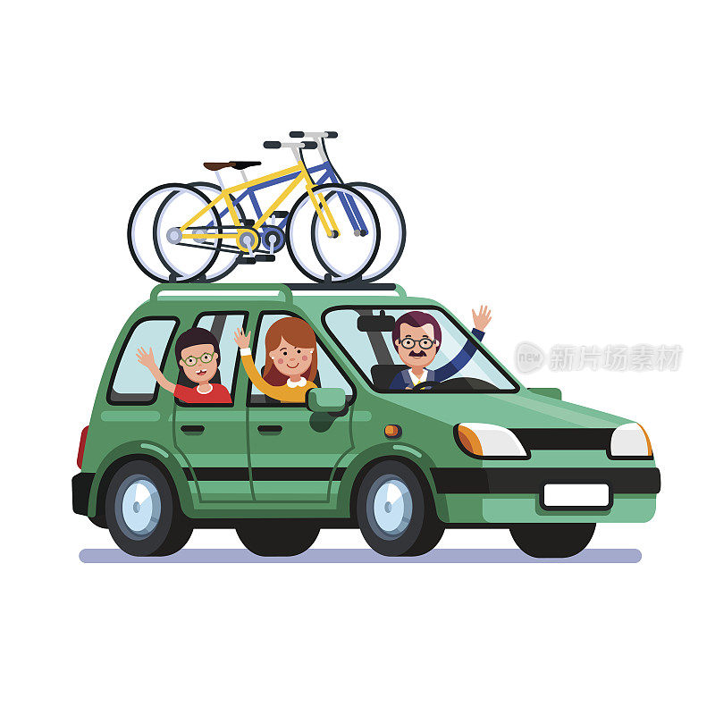 家庭旅行的汽车和屋顶上的自行车
