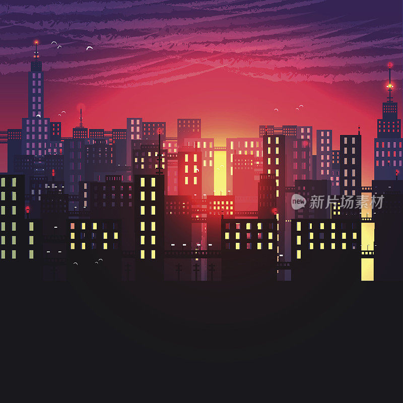 城市城市夜景-矢量插图