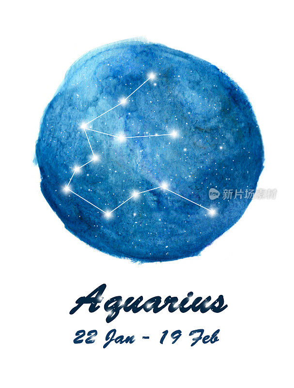 宝瓶座星座在宇宙恒星空间的黄道星座宝瓶座的图标。蓝色星空内圆背景。