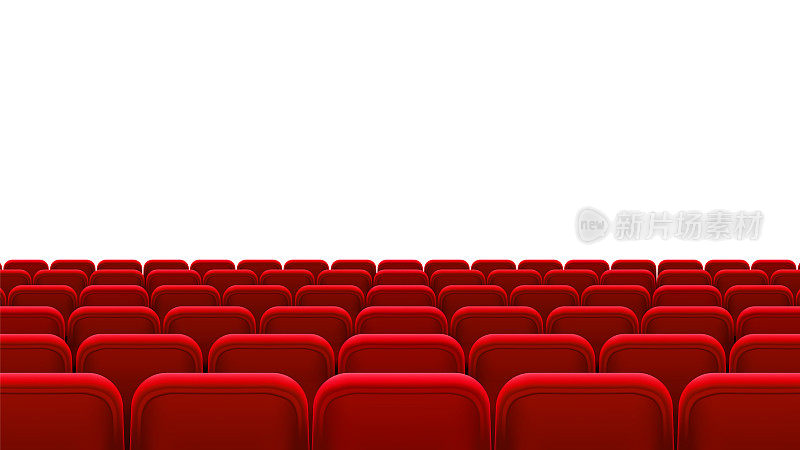 一排排的红色座椅，后视镜。电影院大厅，电影院，剧院，歌剧，事件，演出的空座位。内部元素。矢量现实3d插图
