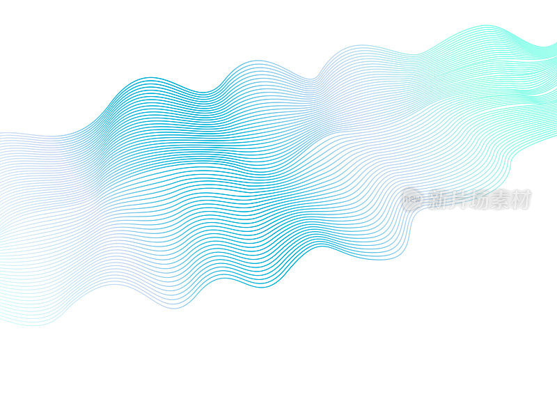 抽象的波浪条纹图案在白色的背景。矢量淡蓝色，海蓝宝石，紫罗兰波。线条艺术设计元素。飘逸闪亮的波浪，飘逸的缎带。EPS10插图
