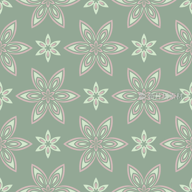 橄榄绿色花无缝图案与淡粉色元素。带有花卉图案的背景