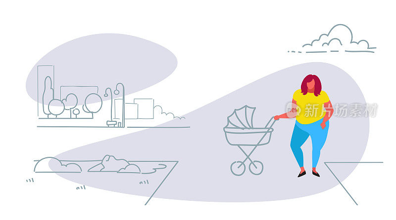 肥胖肥胖的妇女与婴儿在婴儿车步行城市城市公园幸福的家庭超重的母亲和孩子有乐趣户外城市景观背景全长素描水平