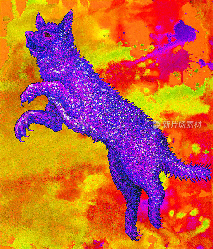 时尚的插画寓言动物现代的艺术作品我的原始油画在画布上象征性的肖像幻想仙女狗从红橙黄和紫色的颜料滴