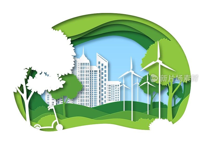 生态城市。建筑、树木、风车的未来生态系统。绿色循环能源，节约环境的剪纸载体城市生态理念