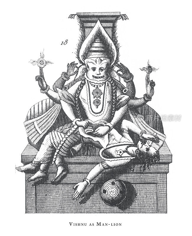 毗湿奴作为人狮，印度教和佛教的宗教符号和宗教器具雕刻古董插图，出版于1851年