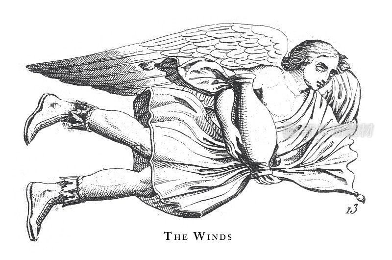 夏天的风，神和神话生物雕刻古董插图，出版1851年