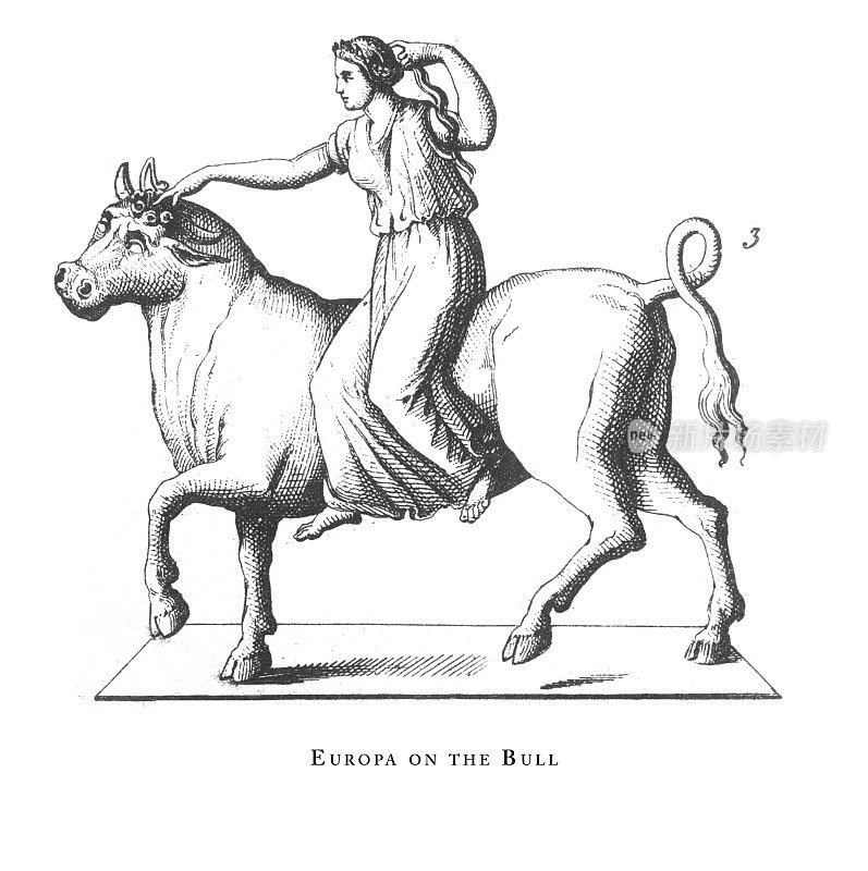 欧罗巴上的公牛，古典神和神话人物雕刻古董插图，出版于1851年