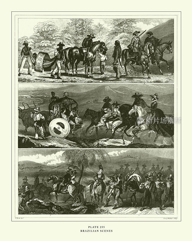 雕刻古董,巴西场景雕刻古董插图,1851年出版