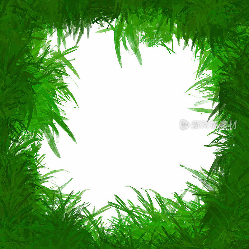 手绘绿色草地背景。自然框架孤立背景。绿叶框架贺卡模板与绿色的草。矢量花边界设计元素复活节贺卡。森林背景矢量。漂亮的绿色景观。