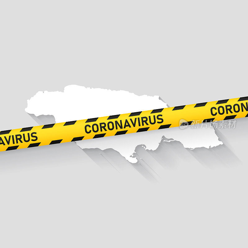 带有冠状病毒警告胶带的牙买加地图。Covid-19爆发