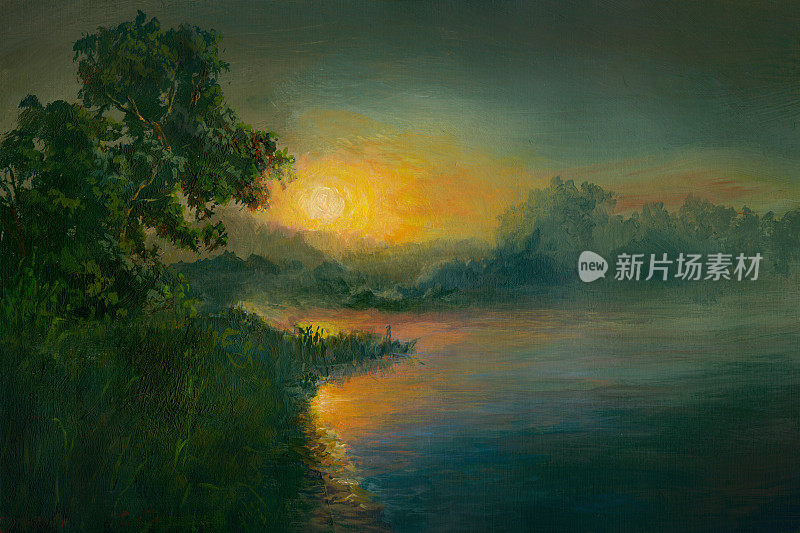 夏日日落上的江面，油画