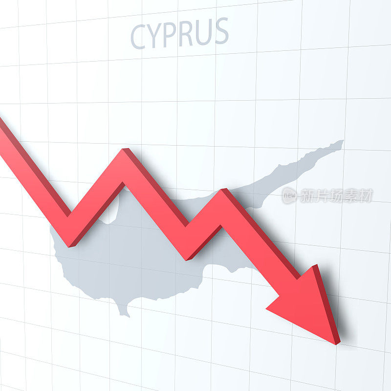 下落红色箭头与塞浦路斯地图的背景