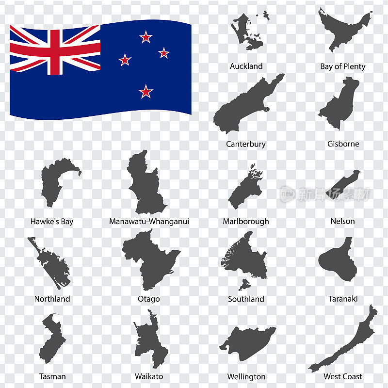 十六幅地图新西兰地区-按字母顺序排列。每一幅新西兰地区的地图都被列出，并附有文字和标题。每股收益10。