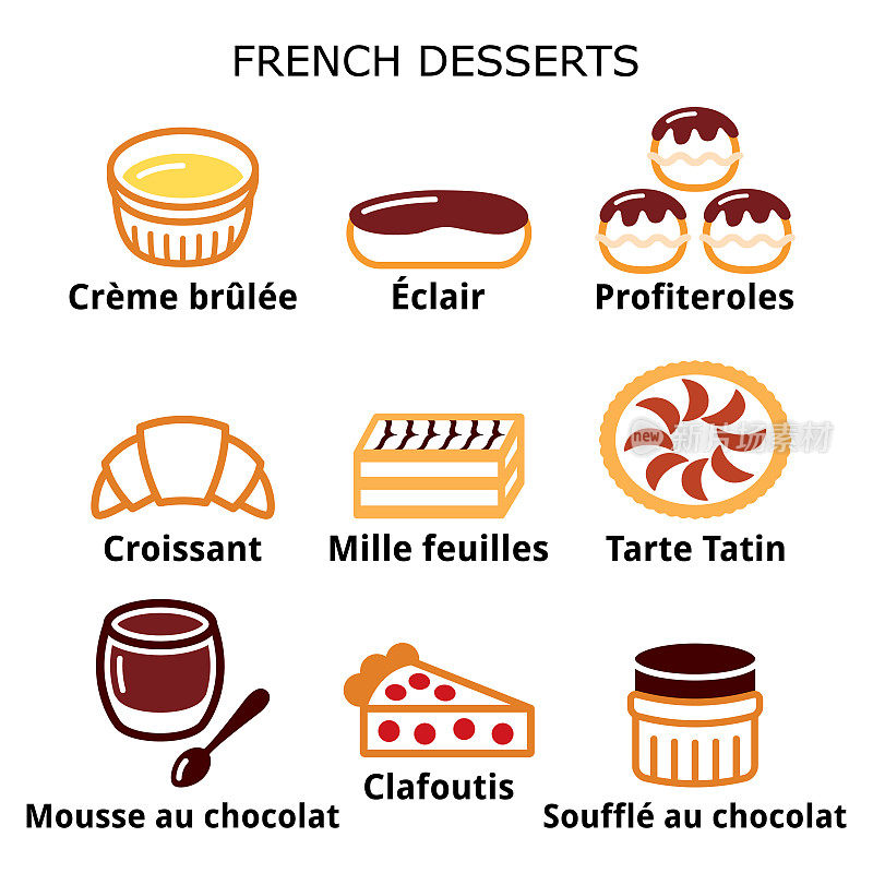 法式甜点，糕点和蛋糕的图标-焦糖布丁，巧克力慕斯，蛋奶酥