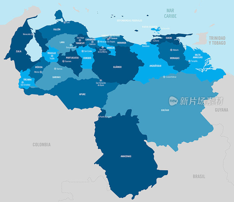 委内瑞拉国家政治地图，与孤立的省份，部门，地区，州和城市，容易拆组。