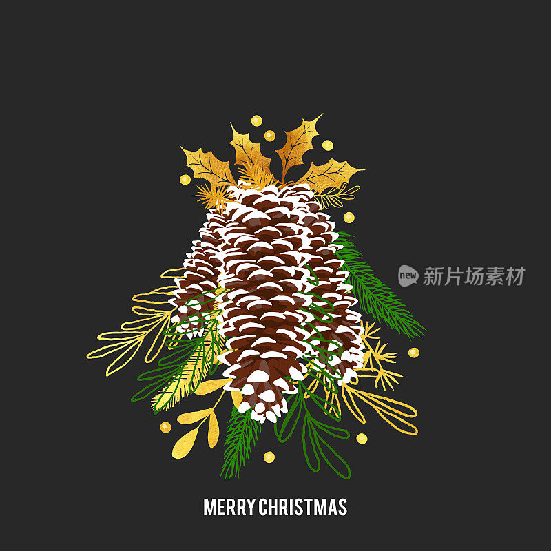 金圣诞卡设计模板与冬季植物，杉木，云杉，松树树枝。