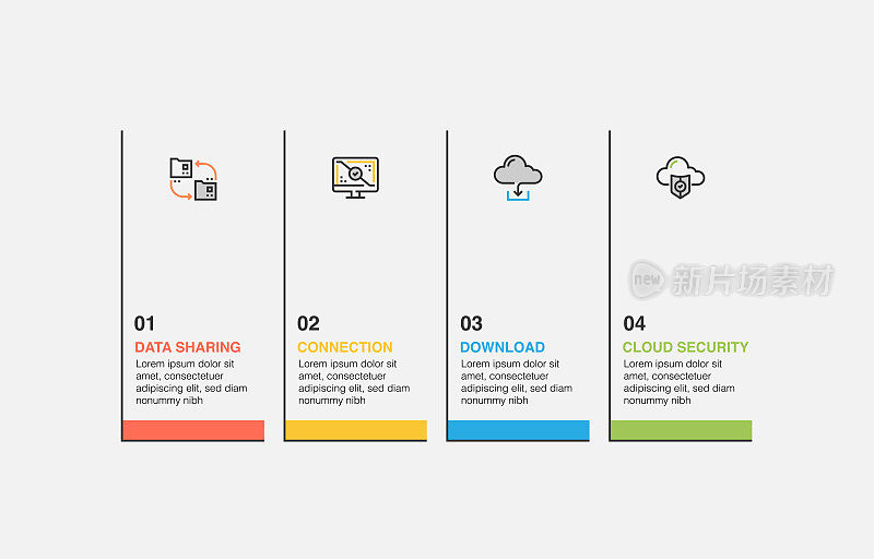 信息图表设计模板。数据共享，连接，下载，云安全图标与4个选项或步骤。