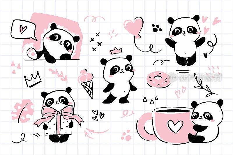 小熊猫-小剪贴画集。插图与可爱的熊猫人物在各种姿势-拥抱一杯咖啡，拿着礼物，挥手，站在皇冠。