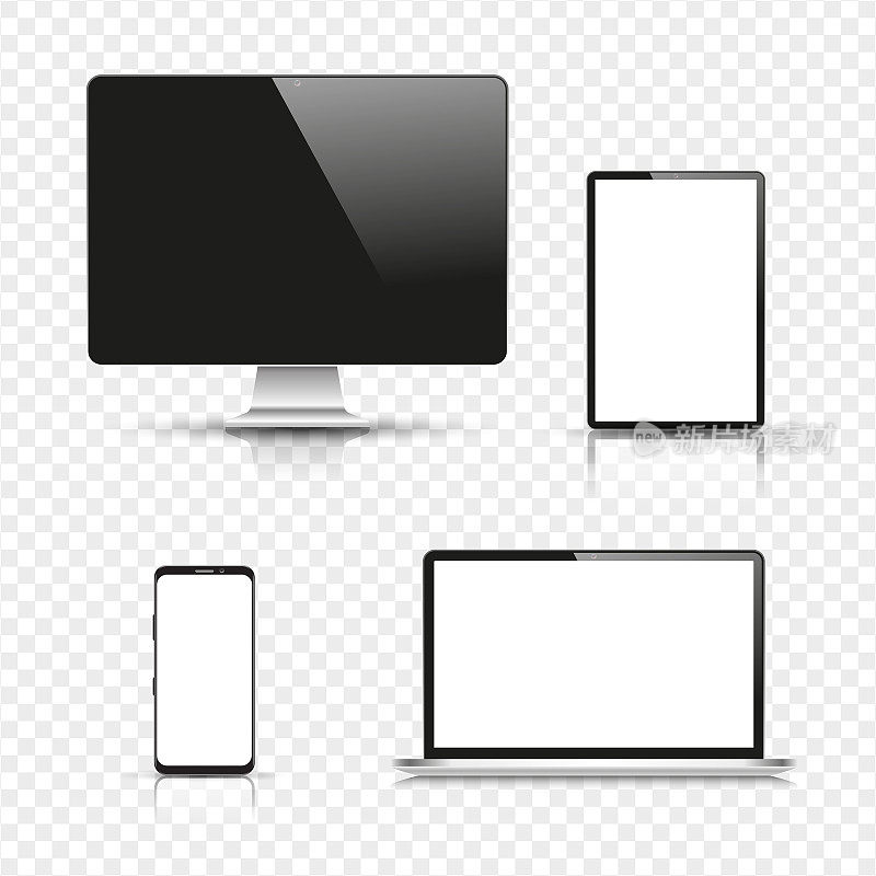 逼真的数字平板电脑，智能手机，笔记本电脑和电脑显示器。现代数字设备的模型