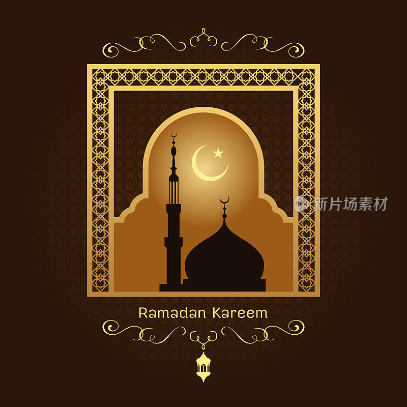 斋月卡里姆-金色的阿拉伯窗户艺术和清真寺在晚上的棕色背景矢量设计