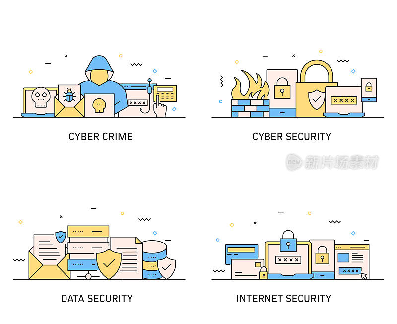数据安全和网络安全相关的现代线条风格矢量插图