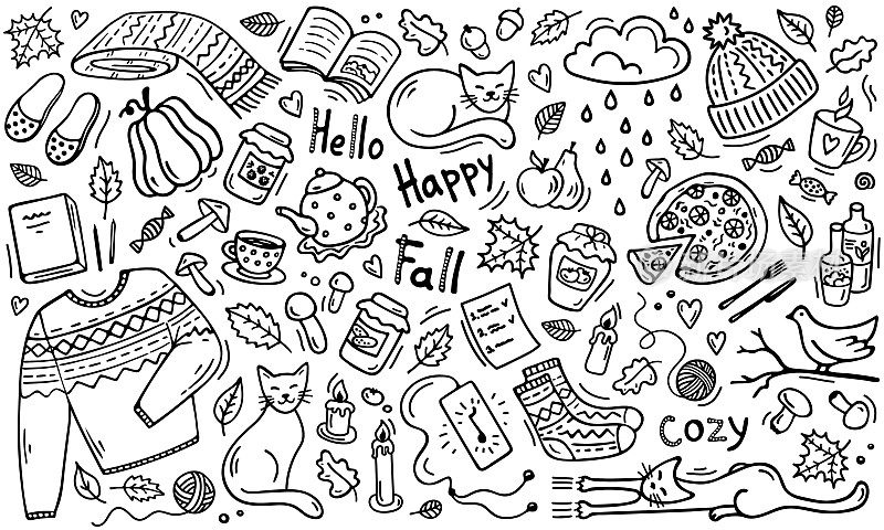 手绘秋季背景涂鸦风格。秋季向量元素:针织衣服、猫、蘑菇、树叶、书籍、杯子、罐子、水果、南瓜、披萨、糖果、音乐。黑色孤立于白色之上。