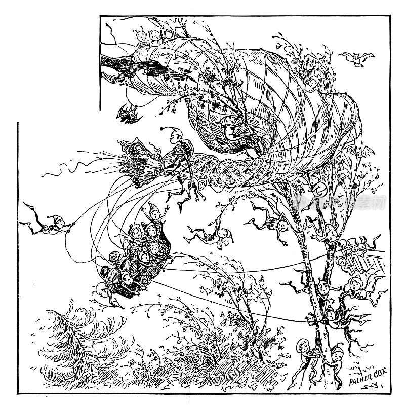 有趣的卡通人物的古董插图(“布朗尼”，1887年)