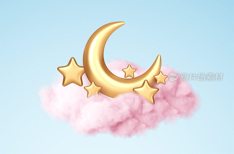 新月，金色的星星和粉红色的云彩3d风格孤立在蓝色的背景。梦，摇篮曲，梦的背景设计旗帜，小册子，海报。矢量图