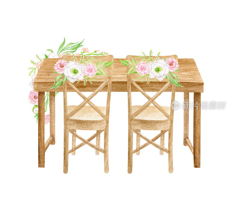 水彩婚礼桌与鲜花安排背面视图插图。手绘木心上人桌、木椅、花卉装饰