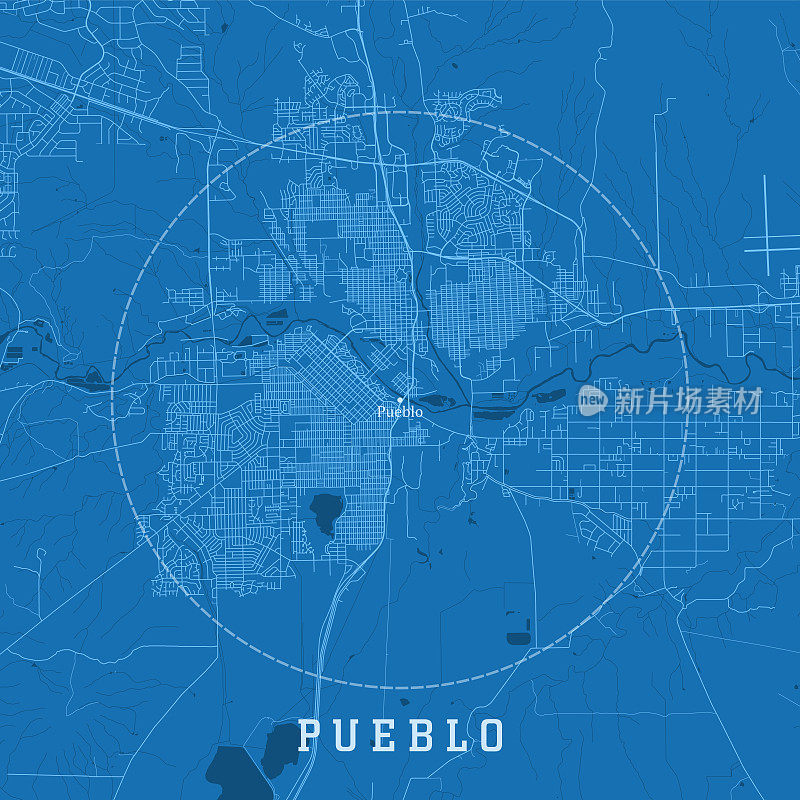 普韦布洛CO城市矢量道路地图蓝色文本