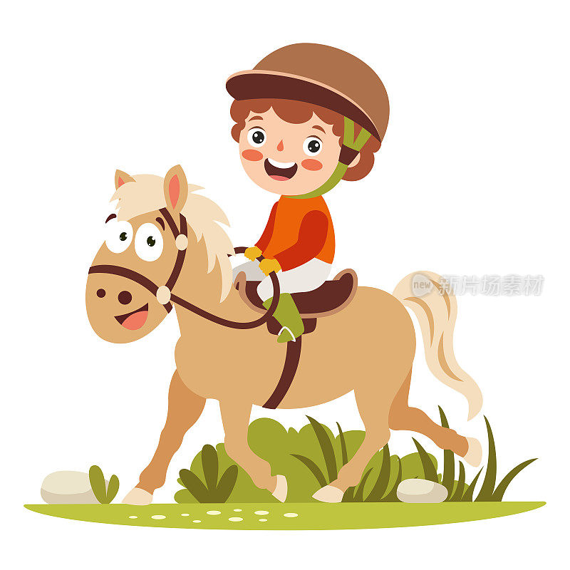 一个骑着马的孩子的卡通插图