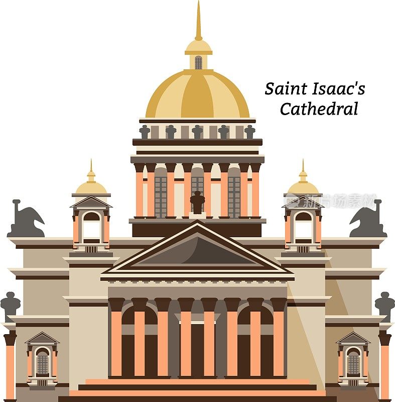 矢量平面插图-圣彼得堡的圣以撒大教堂。孤立在白色背景上。