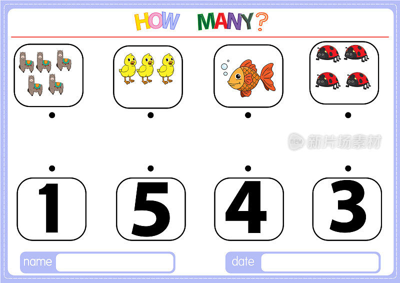 儿童教育游戏插图。让孩子们根据动物类别中提供的图片学习数数。