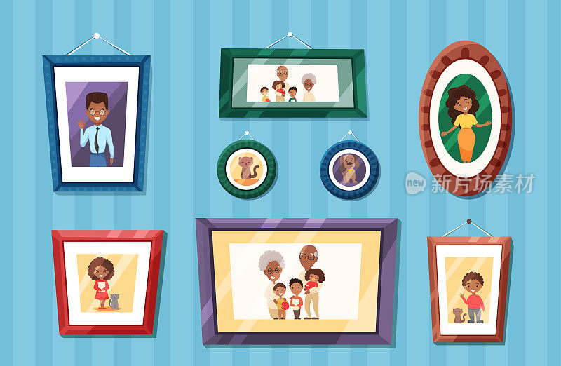 大的非洲裔美国人家庭照片，肖像在彩色框在墙上。父母带着孩子，祖父母和孩子。矢量卡通平面插图