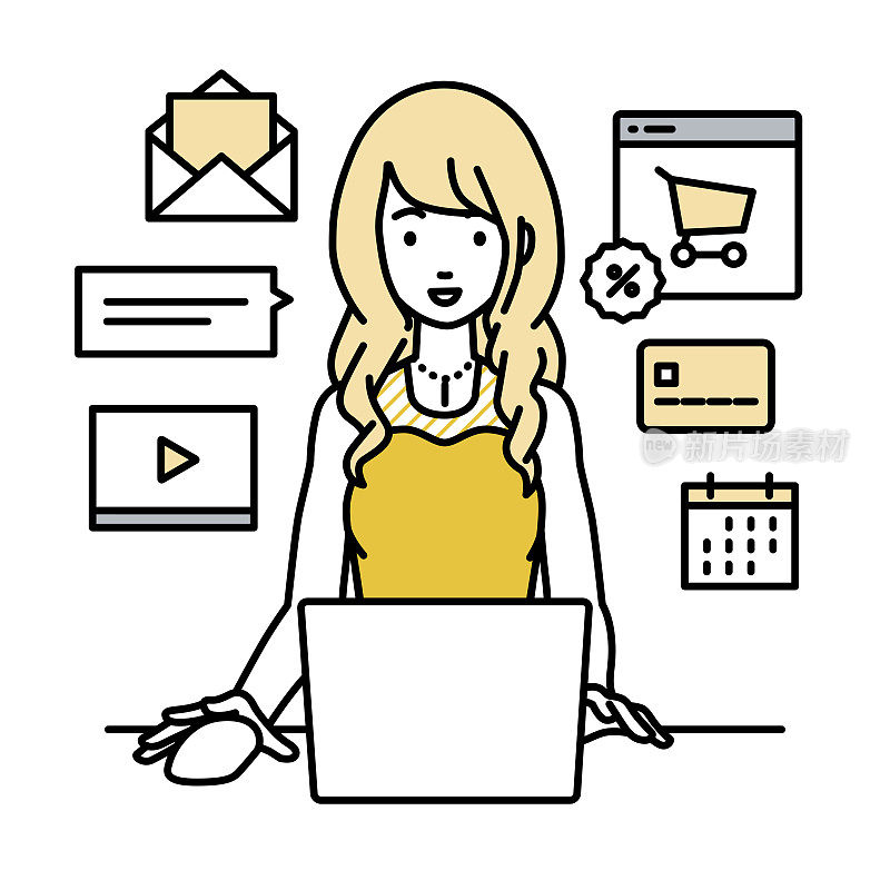 一个穿着衣服的女人在她的办公桌上使用笔记本电脑浏览网站、数字营销、支付、管理在线商店和支持客户
