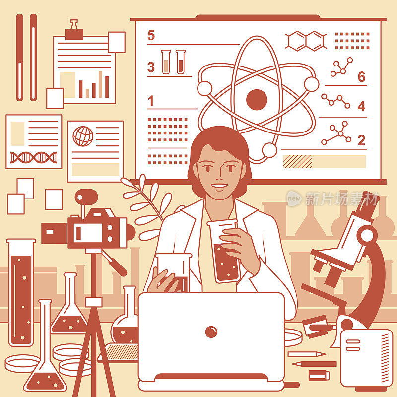 年轻的女教师(科学家、生物化学家)在实验室(教室)使用笔记本电脑、摄像头和白板远程教授科学(在线课堂和科学实验)，在线学习和远程办公的概念