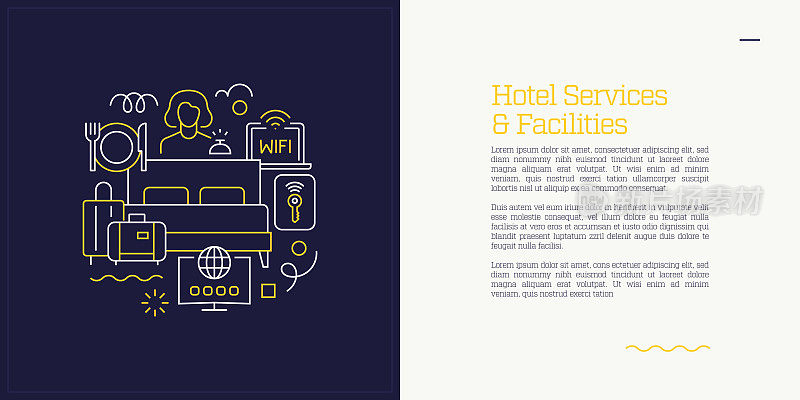 向量集插图酒店服务和设施的概念。线条艺术风格的网页，横幅，海报，印刷等背景设计。矢量插图。