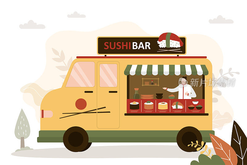 餐车大厨准备出售寿司。传统亚洲美食街头咖啡馆。小型企业