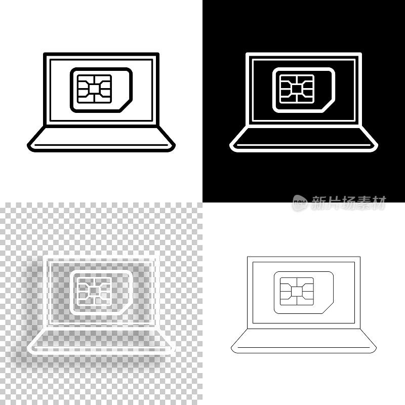 带SIM卡的笔记本电脑。图标设计。空白，白色和黑色背景-线图标