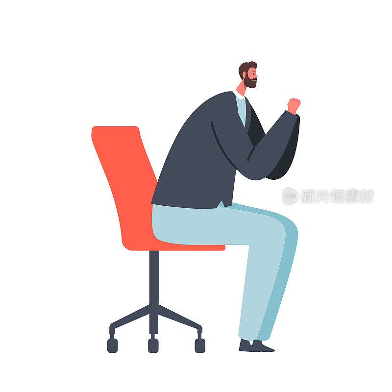 商人坐在白色背景孤立的椅子上。自信的男性形象穿着正装坐在办公室里