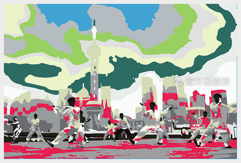 矢量色彩雕刻打太极拳在上海城市外滩图案插图背景