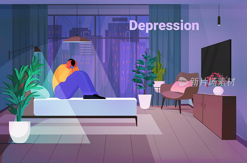 疲惫沮丧的人坐在床上，不开心的人感觉绝望，心理健康的人抑郁的概念