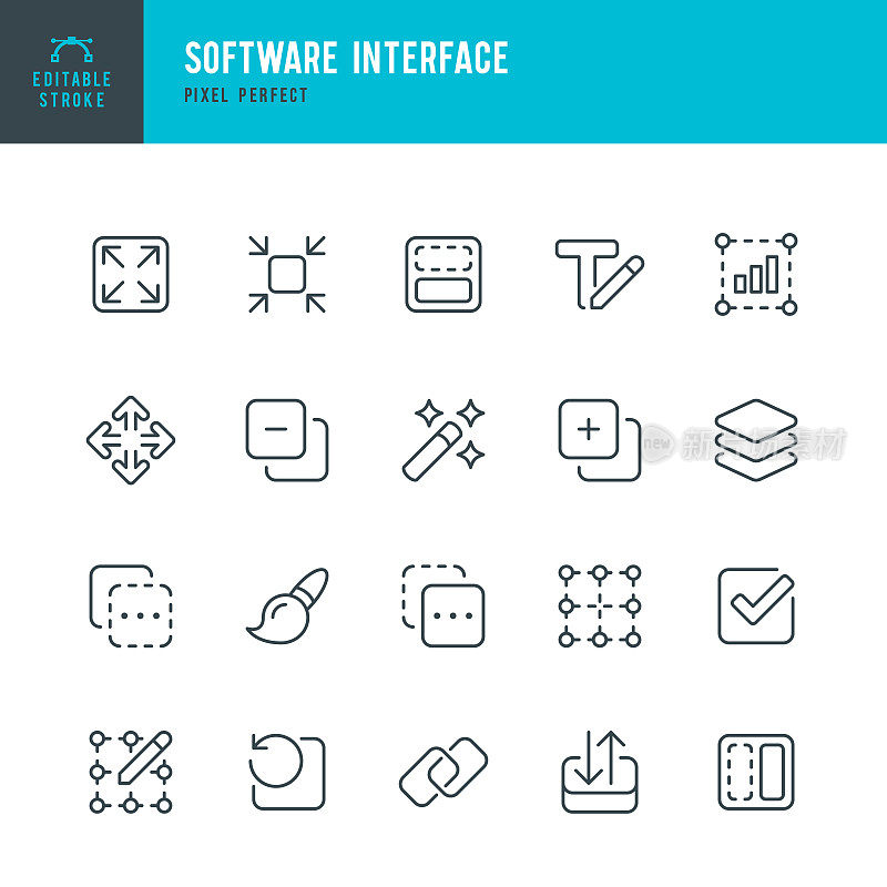 软件界面-细线矢量图标集。像素完美。可编辑的中风。该集合包含图标:复制，粘贴，移动，检查标记，魔术棒，层，网格，文本编辑，恢复，绘制，扩展，链接。