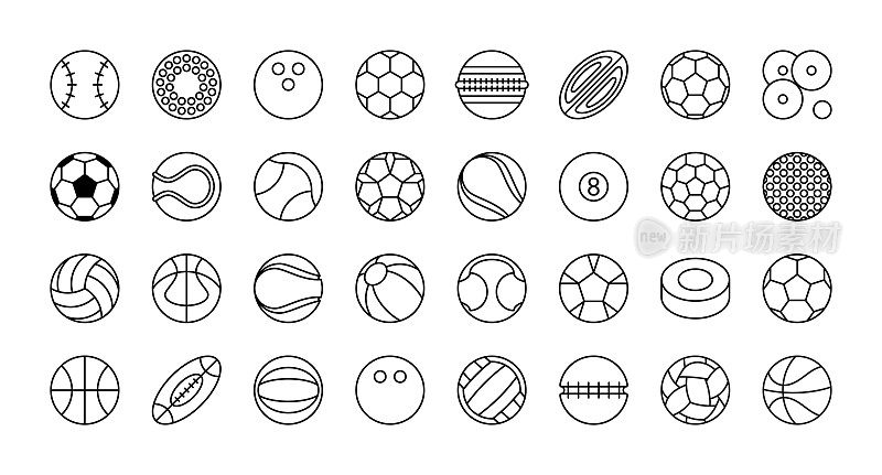 各种运动球。矢量图标集。足球，足球，网球，高尔夫，保龄球，篮球，曲棍球，排球，橄榄球，台球，棒球，乒乓球。