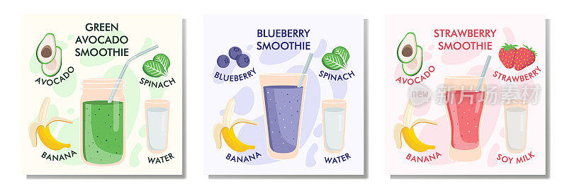 一套3插图健康素食草莓，蓝莓和牛油果奶昔食谱与成分在光的背景。可作为咖啡厅或餐厅的菜单元素。