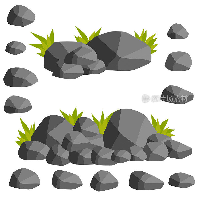 山和森林的元素。一套岩石与草或苔藓的景色-卡通插图