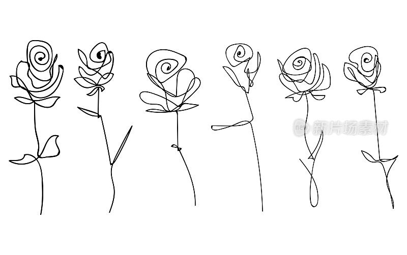 矢量集装饰线艺术手绘玫瑰孤立在白色的花图标插图