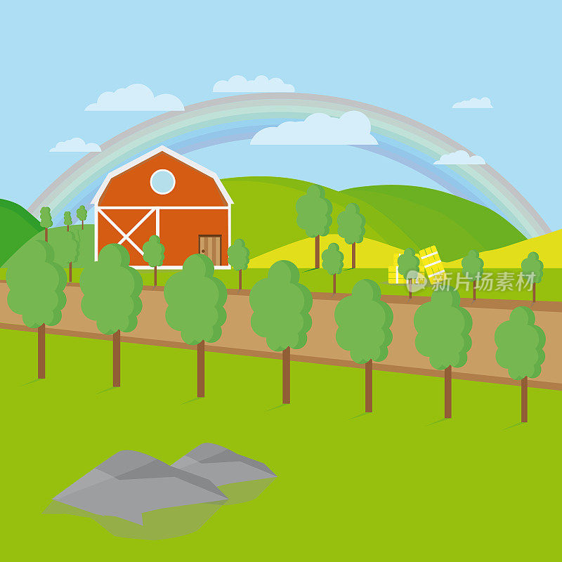 平坦的农场，有树，草地，天空和彩云和彩虹