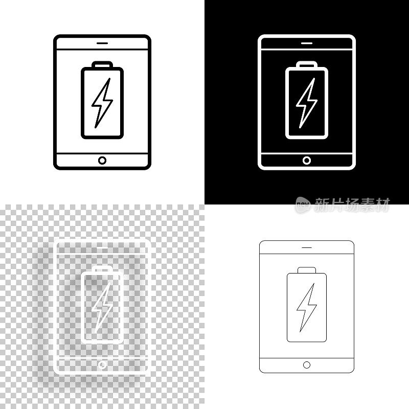 带有电池充电符号的平板电脑。图标设计。空白，白色和黑色背景-线图标